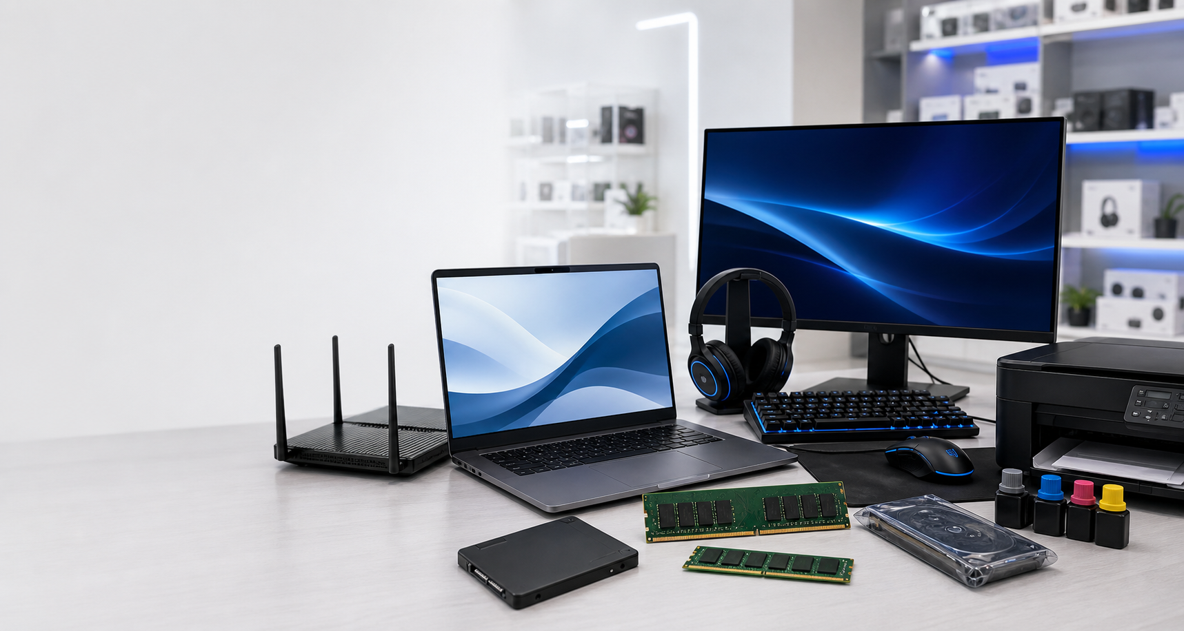 Vitrine realista com notebook, monitor, roteador, memorias, SSD e impressora