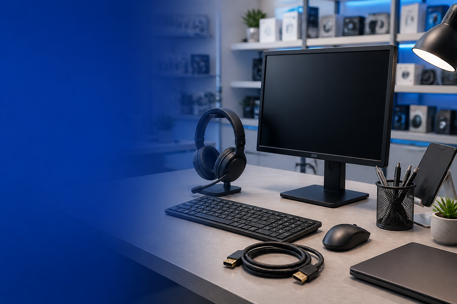 Setup de escritorio com monitor, teclado, mouse, headset e cabos